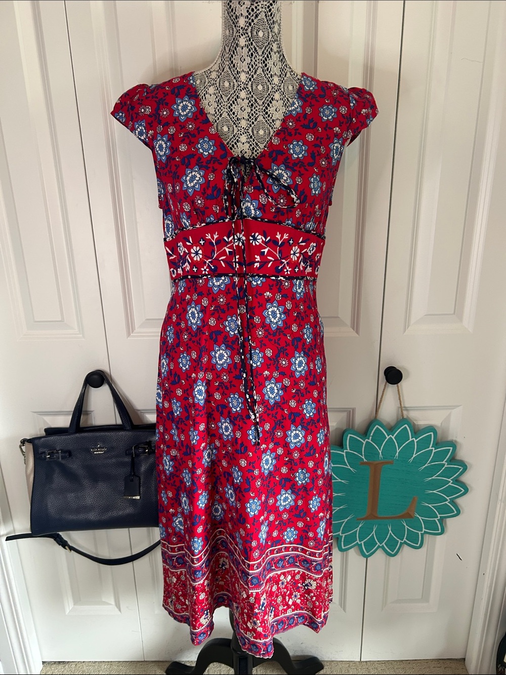 SFERA Red Floral Bohemian Midi Dress with Embroidered Underbust Detail
